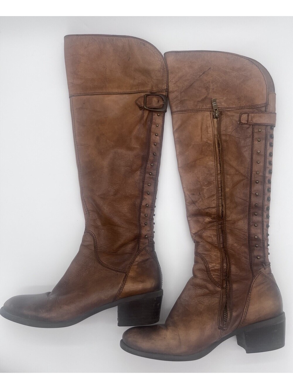 Vince Camuto Bollo Studded Over The Knee  Riding Boots Distressed Brown Leather